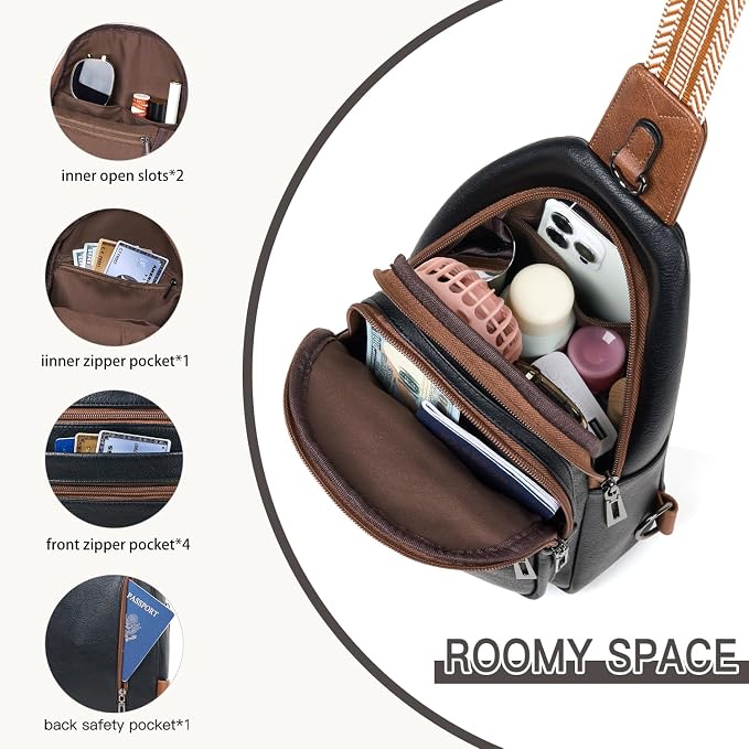 Leresas Sling Bag for Women Crossbody Fanny Cross Body Handbag Sling Purse Vegan Leather Trendy Gifts Travel Shoulder Bag Anti Theft Brown/Black