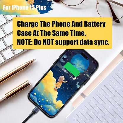 Battery Case for iPhone 15 Plus, 6000mAh Rechargeable Extended Battery Charging/Charger Case, Add 100% Extra Juice (6.7 inch) Black
