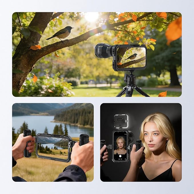 NEEWER Phone Cage Compatible with iPhone 17 Only, Quick Release Video Rig Stabilizer Accessories Kit with 67mm Filter Ring, 17mm Lens Backplate, T Mount Adapter, Camera Control Cap, PA158 (Black)