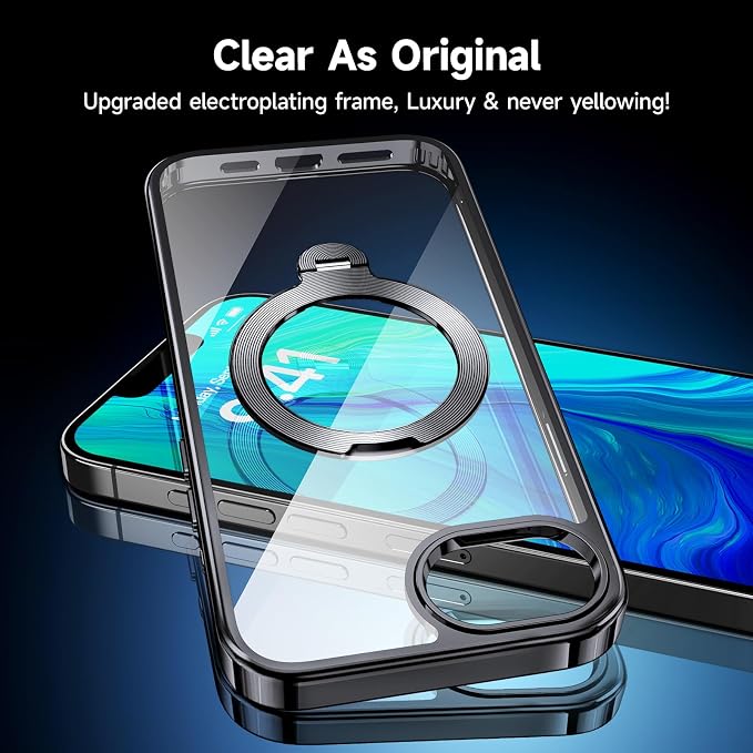[Tri-Shield Protection] for iPhone 17e/16e Case with 360° Spin Stand Compatible with MagSafe [Magnetic CD Ring] [Screen & Camera Lens Protector] Shockproof Plating Never-Yellowing, Black-6.1"