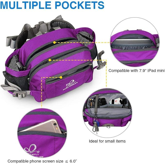 WATERFLY Fanny Pack Waist Bag: Fannie Pack 2 Water Bottle Holders Lumbar Belt Hiking Walking Running Jogging Camping Large Woman Man (Bottle Not Included)