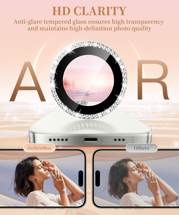 GolbinBox Camera Lens Protector for iPhone 13 Pro/13 Pro Max, 1:1 Invisible Fit, 9H Tempered Glass Ultra HD Metal Individual Camera Cover for Women, Case Friendly, Bling/Silver