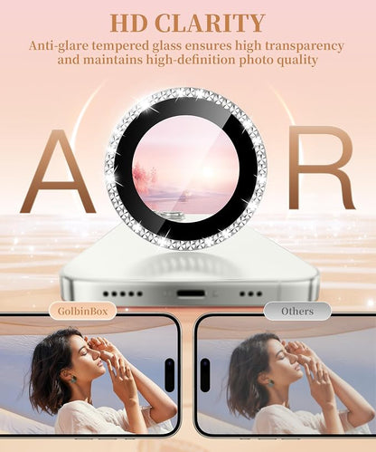 GolbinBox Camera Lens Protector for iPhone 13 Pro/13 Pro Max, 1:1 Invisible Fit, 9H Tempered Glass Ultra HD Metal Individual Camera Cover for Women, Case Friendly, Bling/Silver