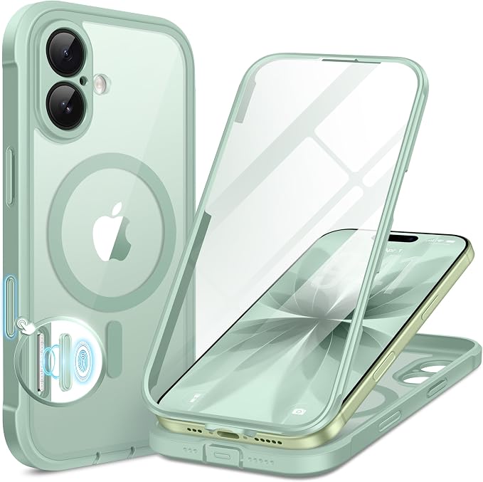 BERFY for iPhone 17 Case, Compatible with MagSafe, Built-in Glass Screen Protector, Camera Protection, Shockproof Full Body Phone case 6.3", Clear Green