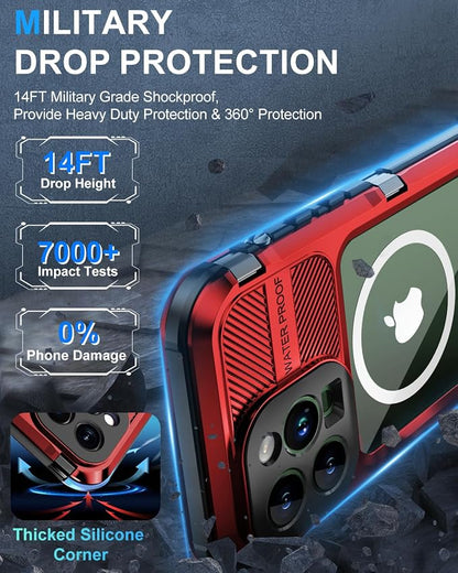 WIFORT for iPhone 13 Pro Max Waterproof Case, Metal Heavy Duty Phone Case Built-in Screen Protector IP68 Water Proof 15FT Military Grade Shockproof, Full Body Drop Protection Cover, 6.7" Red