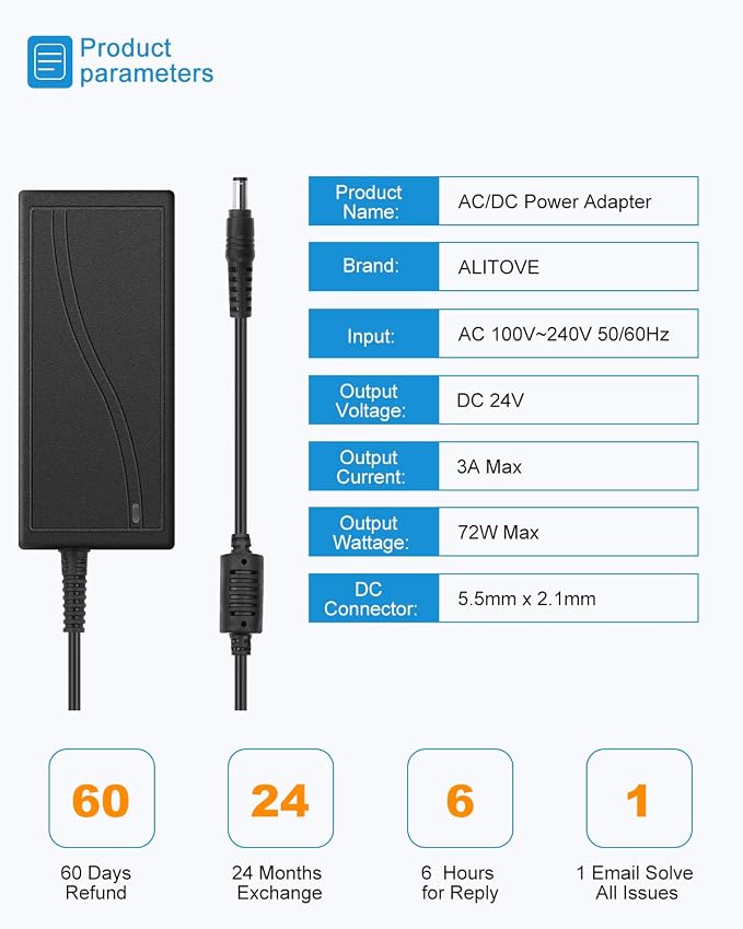 ALITOVE 24V DC Power Supply 3A 72W Power Adapter AC 100-240V 50-60hz to DC 24Volt Converter 3amp Transformer with 5.5x2.1mm Output Jack for LED Light 3D Printer CCTV Camera Wireless Router,5-Pack