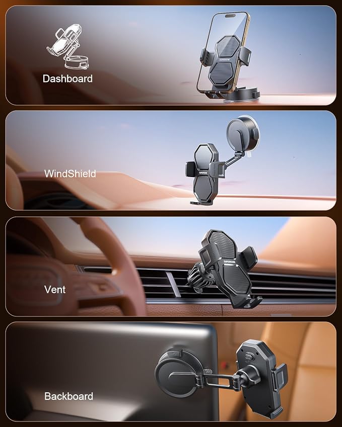 SUPERONE 3-in-1 Car Phone Holder [Strongest Suction Cup & Clip] 360° Adjustable Car Phone Mount for Dash/Vent/Windshield, Phone Holders for Your Car Accessories for iPhone 17/16/15/14 Samsung Android