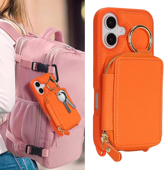 Crossbody Wallet Case for iPhone 17, PU Leather Zipper Handbag Purse Flip Cover, Kickstand Folio Case with Card Slots Holder Wrist Strap Lanyard 5G 6.3 Inch-Orange