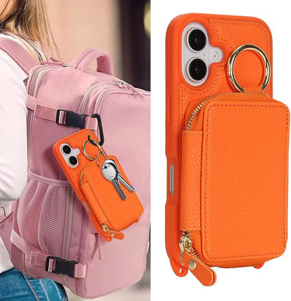 Crossbody Wallet Case for iPhone 17, PU Leather Zipper Handbag Purse Flip Cover, Kickstand Folio Case with Card Slots Holder Wrist Strap Lanyard 5G 6.3 Inch-Orange