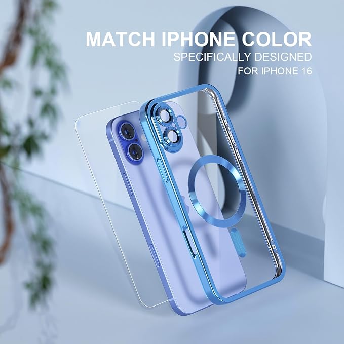 Misea Magnetic for iPhone 16 Case Compatible with MagSafe [Never Yellowing] [Military Grade Drop Protection] Full Camera Lens Protector Plating Soft Clear Phone Case for Women 6.1 inch, Sierra Blue