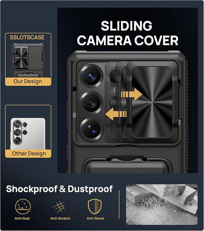 SSLOTSCASE for Samsung Galaxy S25 Ultra Case with 2X Screen Protector, HD Clarity Anti-Scratch, Card Holder & Kickstand & Slide Camera Lens Cover, Rugged Shockproof Phone Cover for S25 Ultra, Black