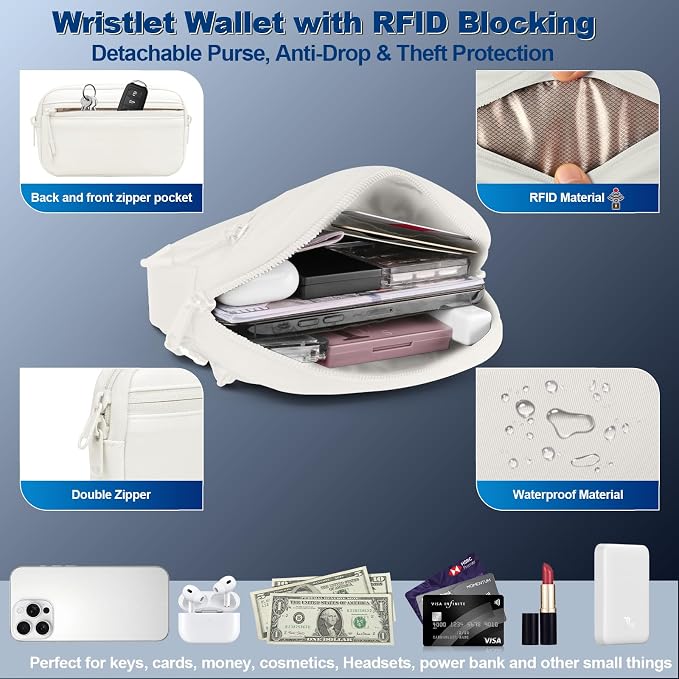 YFWE Clip and Go Strap for Phone with Wallet Crossbody, Adjustable Phone Lanyard with Detachable RFID Wristlet Wallet, Cream (L)