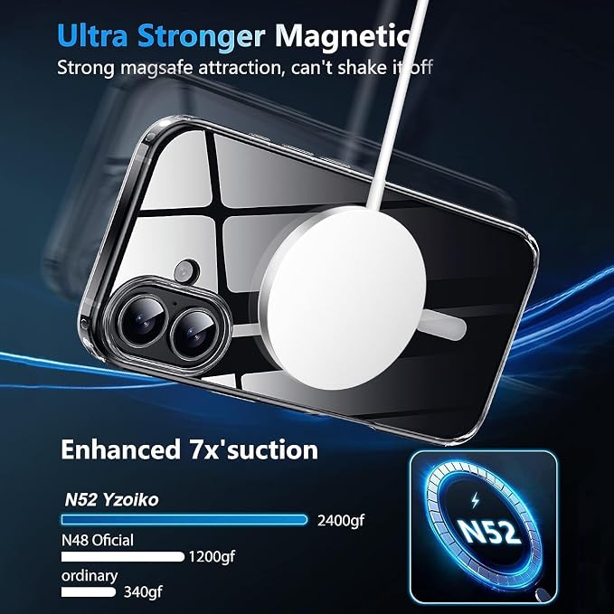 Strong Magnetic for iPhone 16 Case [5X Military-Grade Protection] Compatible with MagSafe Anti-Yellowing Shockproof Slim Thin Cover 6.1 inch, Translucent