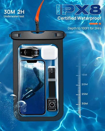 Lanhiem 10.5" Large Waterproof Phone Pouch, 2 Pack Universal IPX8 Waterproof Dry Bag with Lanyard for iPhone 17 16 15Pro Max, Samsung Galaxy S25 S24 Ultra, S25 FE, Pixel 10Pro XL 9A 8 Pro, Black+Black