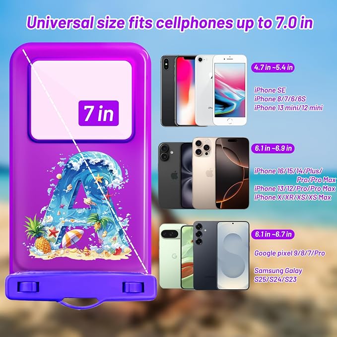 Personalized Initial Waterproof Phone Pouch Case - IPX8 Cellphone Dry Bag with Lanyard for iPhone 16/15/14/13/12 Pro Max (6.1–6.9"), Beach & Cruise Ship Essentials with Monogrammed Design (Purple, A)