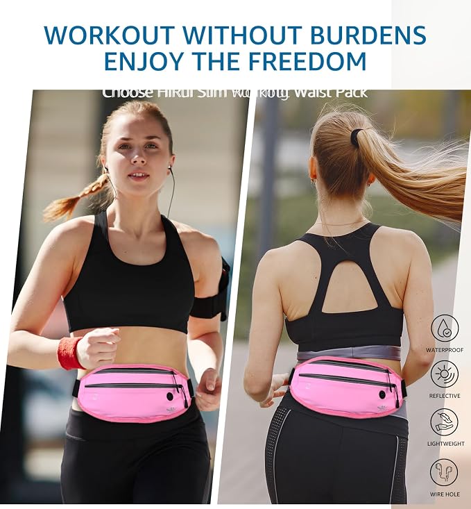 HiRui Slim Fanny Pack for Men Women, Adjustable Exercise Waist Pack Reflective Running Belt for Sports Workout Cycling Hiking, Casual Hands-Free Wallets Phone Bag Fits All Phones (Pink)
