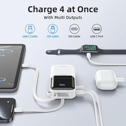 MOKiN Portable Charger, 10000mAh 30W Power Bank Fast Charging, Phone Battery Pack with Built in Cable, 4 Outputs, Travel Compact Powerbank USB C for iPhone iPad Pro MacBook Air Samsung