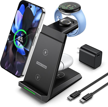 NANAMI Wireless Charger for Google - 3 in 1 Wireless Charging Station Fast Charger Stand Dock for Pixel 9/9 Pro XL/Fold/8/7,Buds Pro 2/Pro, Watch 3/2,Fitbit Versa 4/Sense 2(Not for Pixel Watch 1/4)