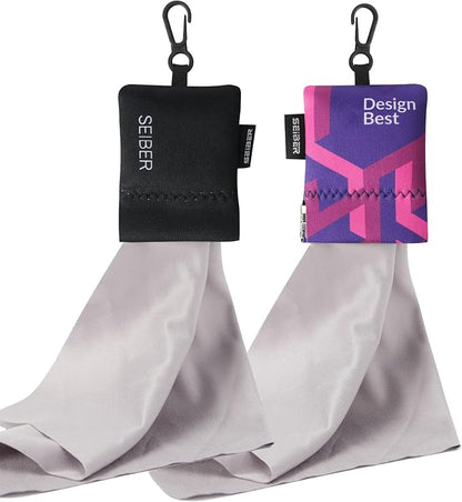 SEIBER Eyeglass Cleaning Microfiber Cloth,7 x 7 inch Glasses Cloth for Sunglasses,Laptops, Cameras,Screen- with Neoprene Pouch,Self-Closing Bottom(2PCS,BKPurple)