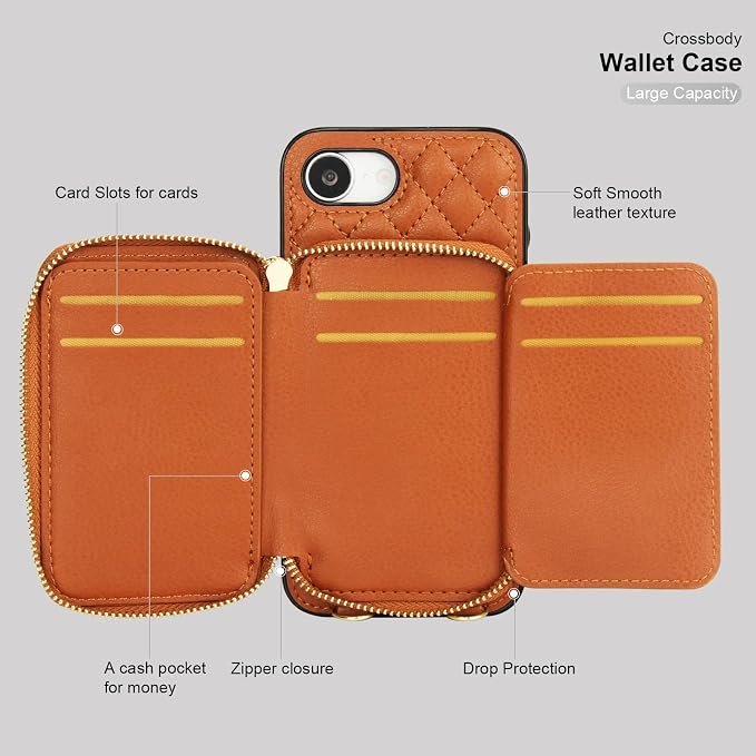 Bocasal Crossbody Wallet Case for iPhone 17e/16e, RFID Blocking PU Leather Zipper Handbag Purse Flip Cover, Kickstand Folio Case with Card Slots Holder Wrist Strap Lanyard 6.1 Inch 5G (Brown)