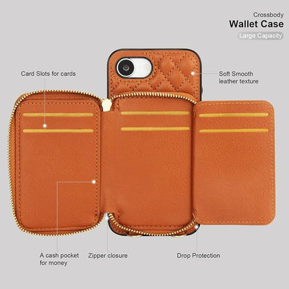 Bocasal Crossbody Wallet Case for iPhone 17e/16e, RFID Blocking PU Leather Zipper Handbag Purse Flip Cover, Kickstand Folio Case with Card Slots Holder Wrist Strap Lanyard 6.1 Inch 5G (Brown)