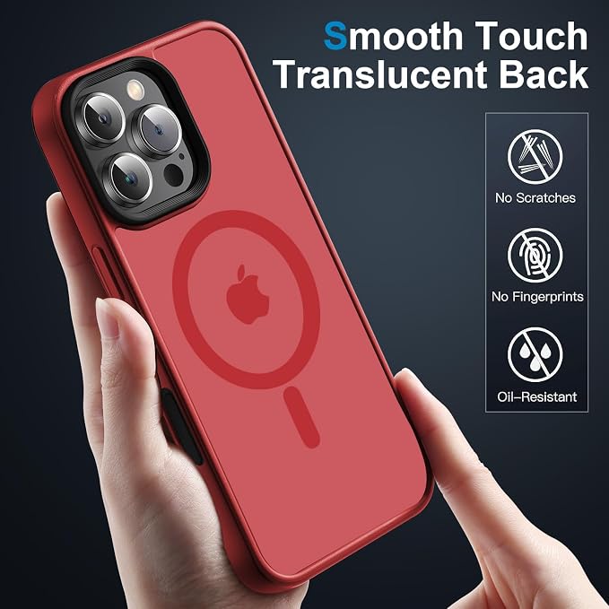 Strong Magnetic Case for iPhone 16 Pro Case [10FT-Grade Drop Tested & Compatible with MagSafe] Translucent Anti-Fingerprint Anti Shockproof Protective Shell 6.3 Inch, Red