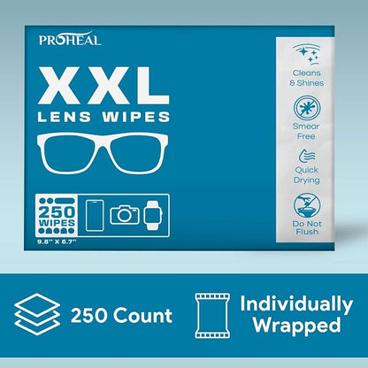 XXL Lens Wipes, 250 Count - 9.8"x6.7" Eye Glasses Cleaner Wipes for Lenses, Watches, Display Screens, and More - Cleans and Shines - Quick Drying, No Smear with Isopropyl Alcohol