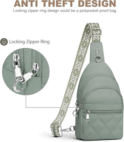 SYTRAH Sling Bag for Women, Anti-Theft RFID Crossbody Bag Nylon Sling Purse for Travel, Puffy Small backpack for Daily Hiking Sports Green