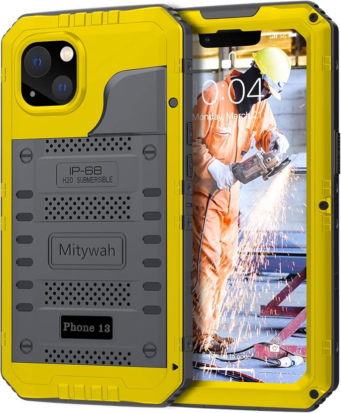 Mitywah Waterproof Case for iPhone 13, Heavy Duty Military Grade Drop Protection Phone Case with Built-in Screen Protector, 360° Full Body Protection Metal Armor Dropproof Case 6.1 inch, Yellow