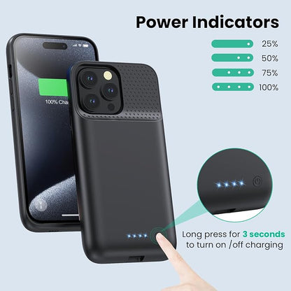 Battery Case for iPhone 15Pro Max, Upgrade 8600mah Portable Slim Battery Charging Case, 15W Fast Charging Rechargeable Protective Extended Charger Cover for iPhone 15 Pro Max (6.7 inch)-Black