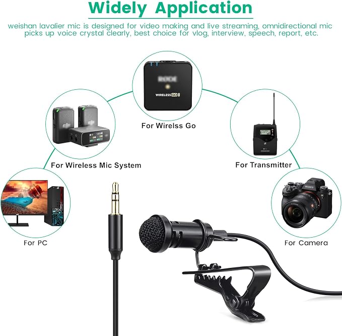 weishan Media Mod Mic for GoPro HERO11 10 9 Black Action Camera, Lavalier Lapel Videomic Clip-on Microphone Compatible with GoPro Pro 3.5mm Mic Adapter for Vlogging, 5ft