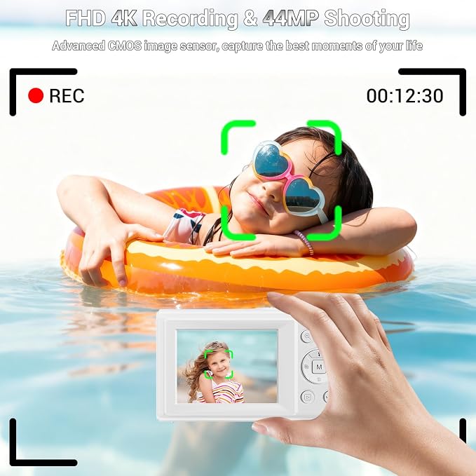 Digital Camera, 4K 44MP Autofocus Point and Shoot Camera with 16X Zoom 2.4" LCD Portable Compact Camera for Kids Teens Boys Girls Adults