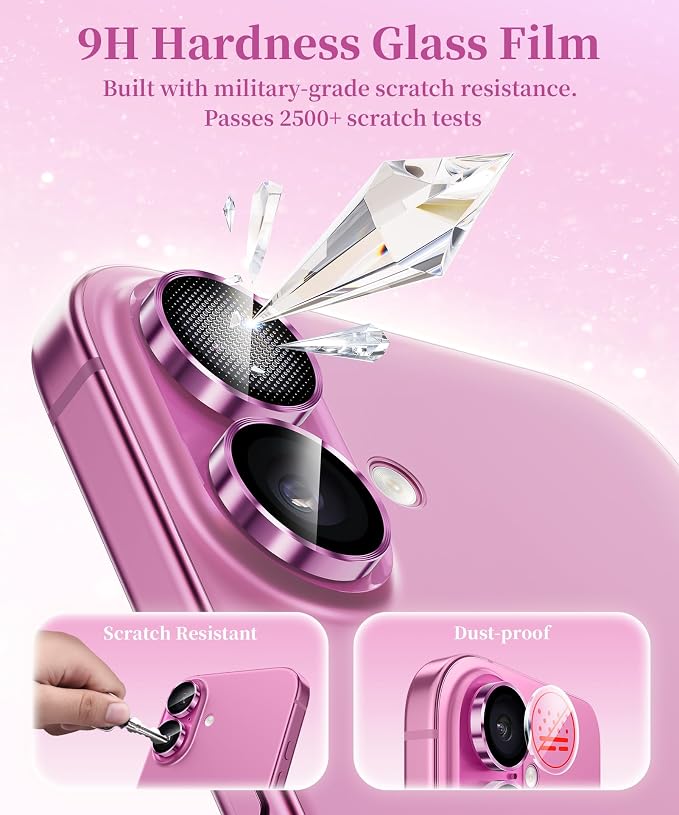 GolbinBox Camera Lens Protector for iPhone 17/16/16 Plus, 1:1 Invisible Fit, 9H Tempered Glass Ultra HD Metal Individual Camera Cover, Case Friendly, Hot Pink