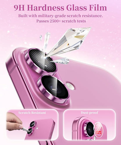 GolbinBox Camera Lens Protector for iPhone 17/16/16 Plus, 1:1 Invisible Fit, 9H Tempered Glass Ultra HD Metal Individual Camera Cover, Case Friendly, Hot Pink