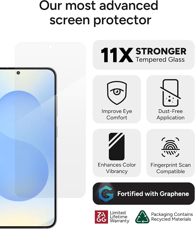 ZAGG Glass XTR4 Samsung Galaxy S25+/ S24+ Screen Protector - Tempered Glass, 11X Stronger with Graphene, Blue Light Filtering, Anti-Reflective Technology, InvisibleShield, Easy Dust-Free Installation