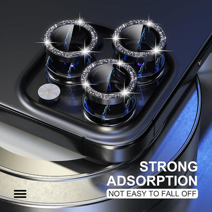 Choiche Compatible for iPhone 15 Pro/iPhone 15 Pro Max Camera Lens Protector Bling, 9H Tempered Glass Camera Cover Screen Protector Metal Ring Decoration Accessories (Glitter-Black)