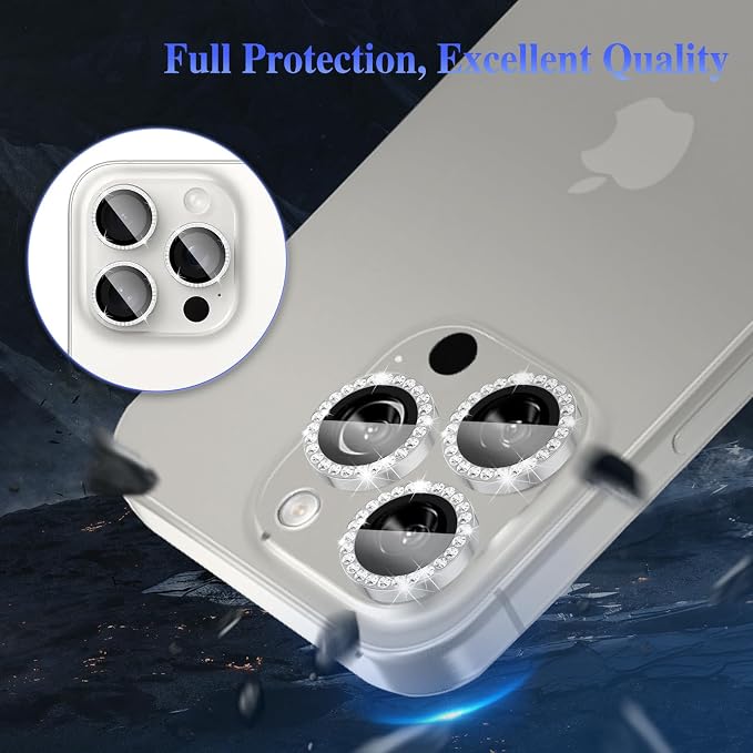 ShinKin Camera Lens Protector for iPhone 16 Pro/iPhone 16 Pro Max, Glitter Camera Cover, 9H Tempered Glass Individual Metal Ring Camera Protector for iPhone 16 Pro/16 Pro Max (Diamond - Silver)
