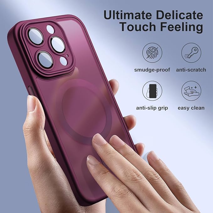 ROYBENS for iPhone 14 Matte Clear Case Compatible with Magsafe, Full Camera Lens Protection, Screen Protector, Wrist Strap, Translucent Magnetic Slim Hard Protective Phone Cover, Wine-Red