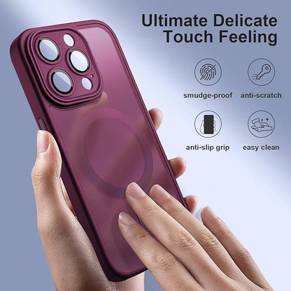 ROYBENS for iPhone 13 Pro Matte Clear Case Compatible with Magsafe, Full Camera Lens Protection, Screen Protector, Wrist Strap, Translucent Magnetic Slim Hard Protective Phone Cover, Wine-Red