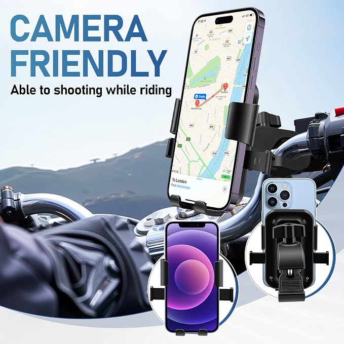 Motorcycle Phone Mount, Bike Bicycle Mount Handlebar Cell Phone Clamp Ebike Scooter Phone Clip for iPhone 16 Pro Max/Plus, 15 Pro Max, S10, S20, More 4.7" to 6.8" Smartphones