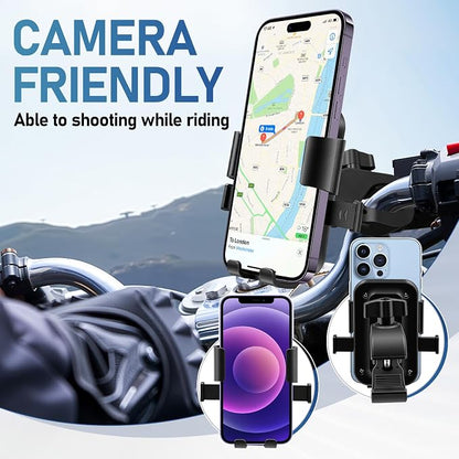Motorcycle Phone Mount, Bike Bicycle Mount Handlebar Cell Phone Clamp Ebike Scooter Phone Clip for iPhone 16 Pro Max/Plus, 15 Pro Max, S10, S20, More 4.7" to 6.8" Smartphones