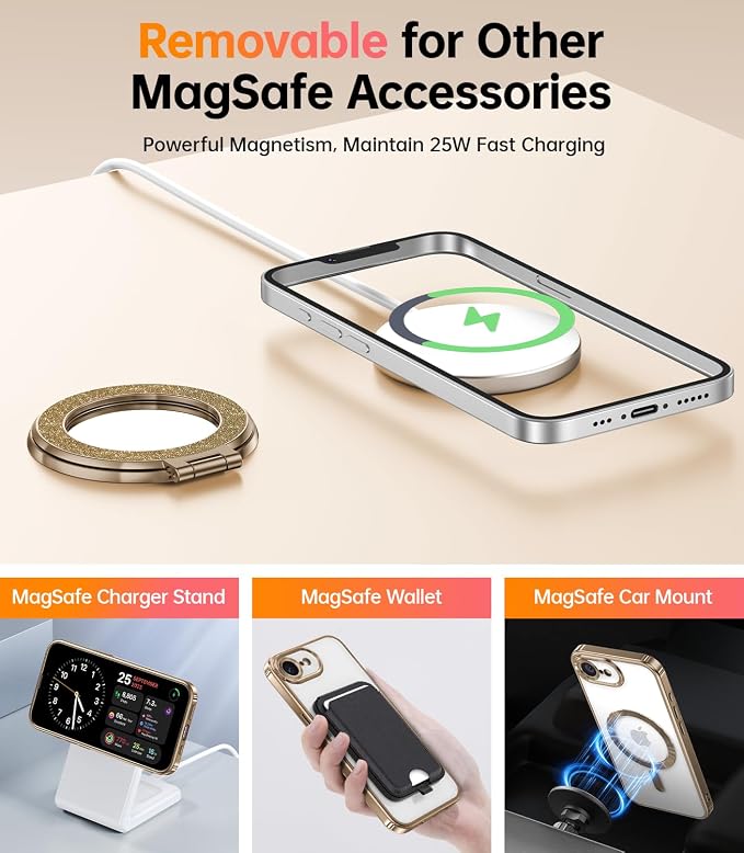 Meifgino Magnetic Case with Removable Phone Ring Stand for iPhone 16E 6.1’’, [Glitter Card & Wrist Strap] [MagSafe Compatible] [Built in Mirror] Phone Ring Stand + Phone Case Kit, Desert Titanium