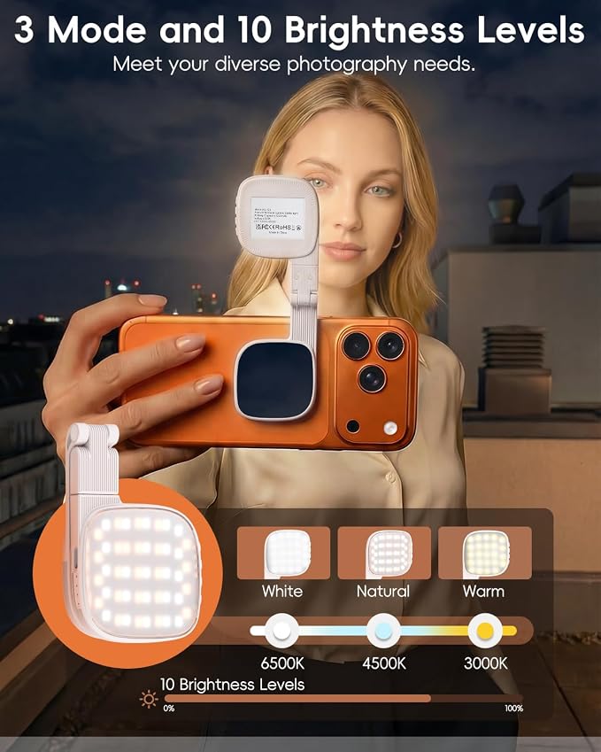 Magnetic Selfie Light for Video Calls, 360° Foldable Ring Light with 3 Colors & Dimmable Brightness, 1000mAh, MagSafe Compatible with iPhone 17-12 & All Phones for Zoom/TikTok/Selfie（White）