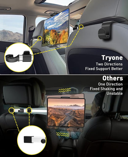 Tryone Car Tablet Holder Mount for iPad: Headrest Tablet Stand for Car Back Seat Compatible with iPad Pro Air Mini | Galaxy Tab | Kindle Fire HD | Switch OLED or Other 4.7-16.1" Devices
