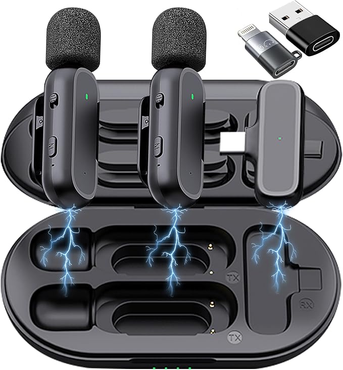 2 Pack Professional Wireless Lavalier Microphone for iPhone iPad Android with Charging Case Noise Reduction Plug-Play Clip on Lapel Mic for Video Recording Vlogging, YouTube, Interview, Live Streaming