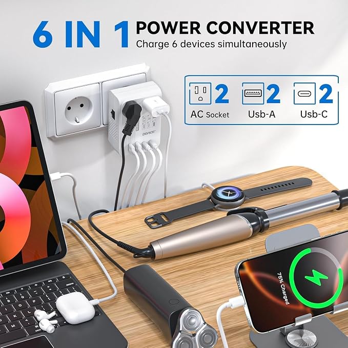 DOACE 350W Travel Voltage Converter US to Europe 220V to 110V Converter for Curling Iron Straightener Converter for European Travel 4 USB Charging Universal Power Plug Adapter UK/AU/US/EU, White