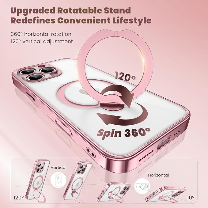 GolbinBox for iPhone 16 Pro Case with 360° Spin Magnetic Stand,[Compatible with Magsafe] [Military Protection][Built-in Ring Holder] Camera Control Phone Case for 16 Pro,Pink/Clear