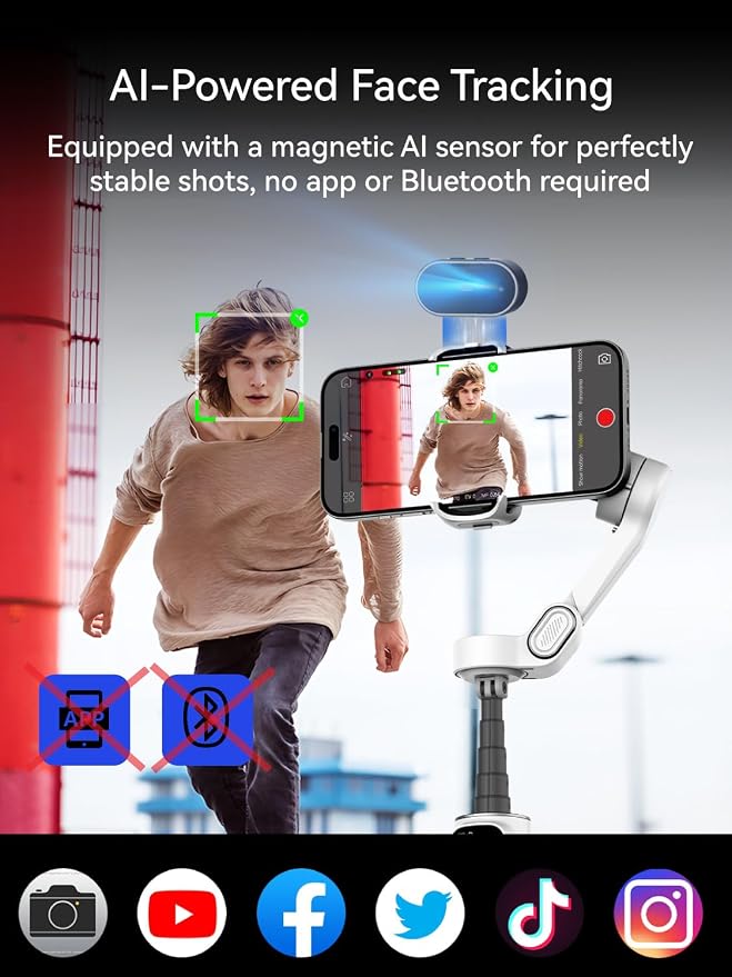 AOCHUAN Gimbal Stabilizer for iPhone, Phone Gimbal with AI Tracking Sensor for Vlog Recording, 3-Axis Phone Gimbal with 7.8' Extension Rod and OLED Display for iPhone/Android-Smart X2 AI White