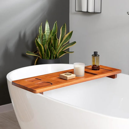 Premium Teak Bathtub Tray for Freestanding Baths - 29" Adjustable Spa Caddy | Compact, Thick & Stable Design | Anti-Tip with Accessories Holder | Natural Water-Resistant Finish