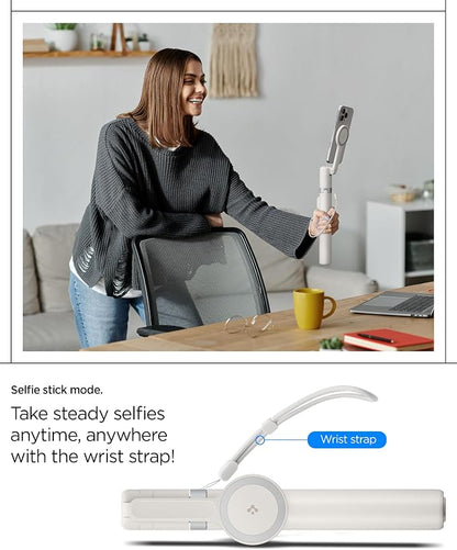 Spigen Selfie Stick Automatic Tripod Stand with Bluetooth Remote Control Shutter 57" Extendable Compatible with MagSafe iPhone 17/16/15/14/13/12 Pixelsnap Pixel 10 Series & More - Dune Beige (S581W)